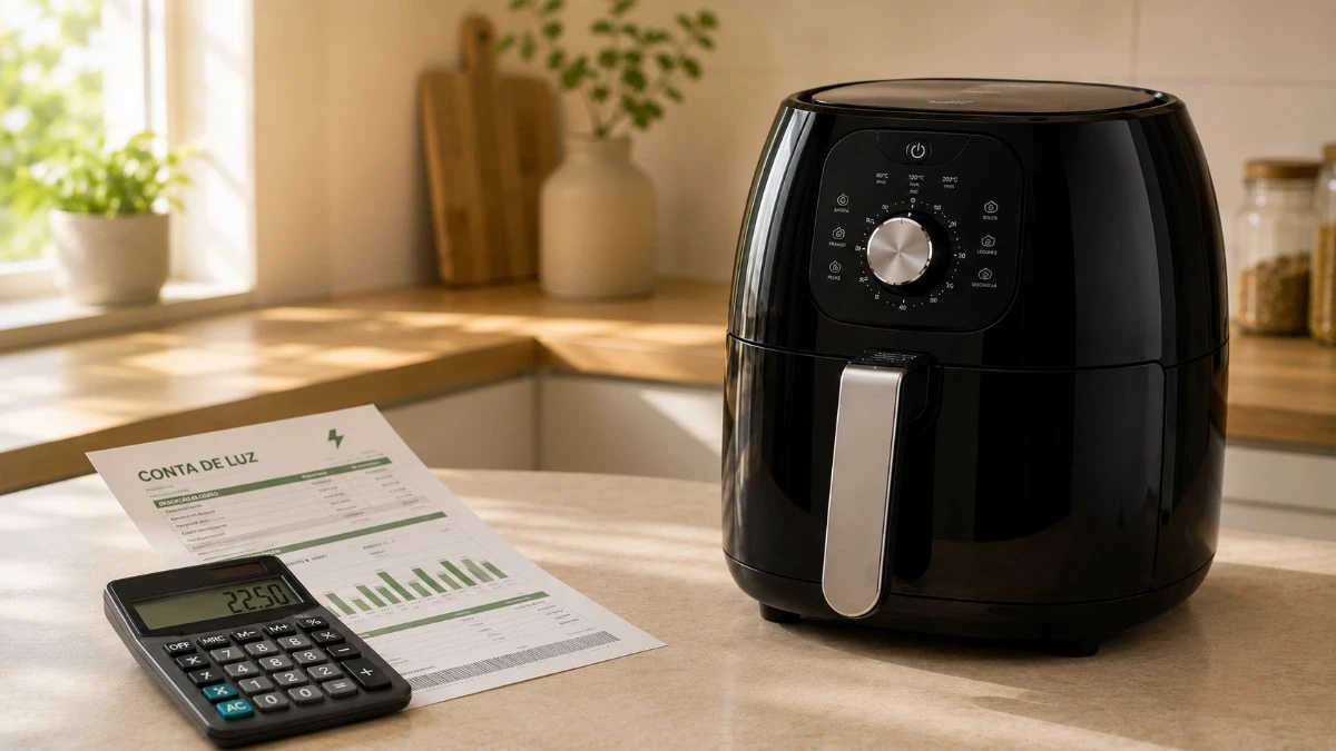 Air fryer ligada na cozinha ao lado de uma conta de luz — quanto realmente gasta de energia