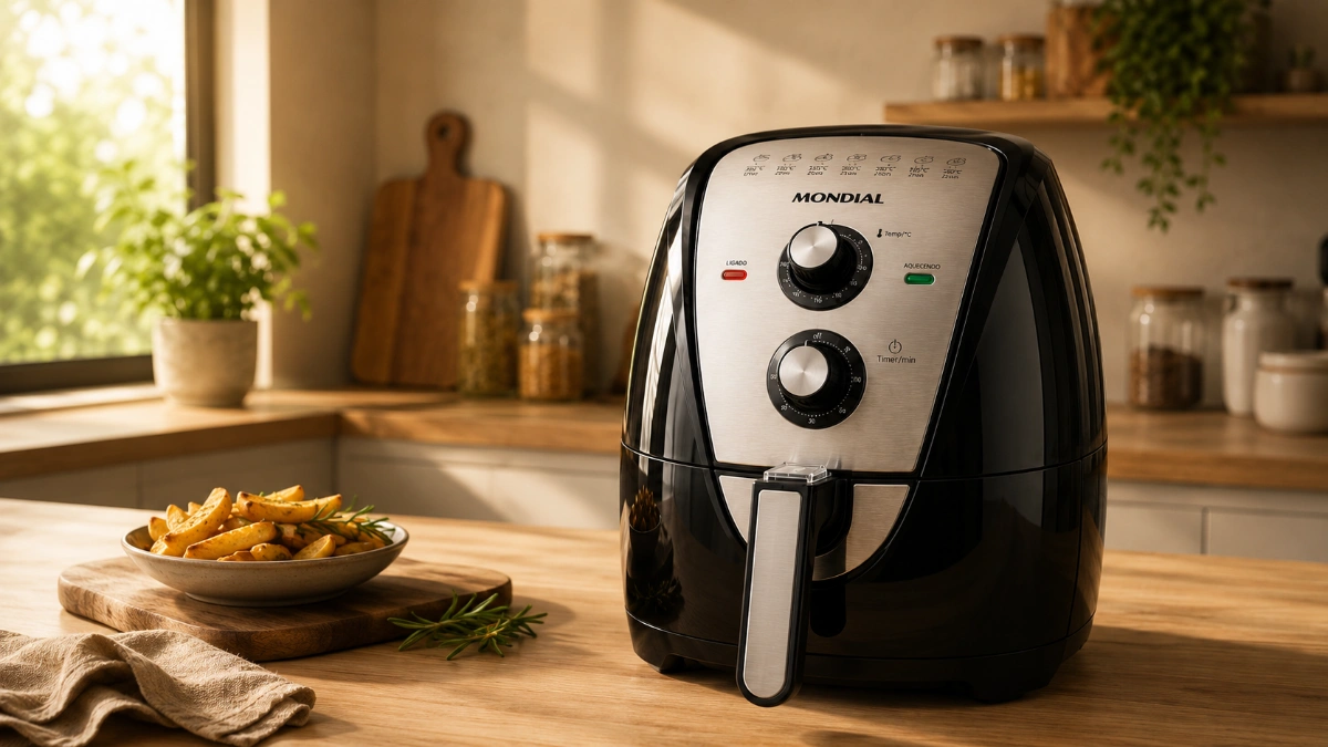 Air fryer da marca Mondial sobre a bancada