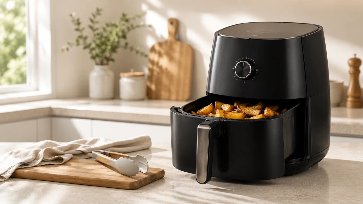 Air fryer sobre bancada de cozinha clara — vale a pena, faz mal à saúde e gasta energia