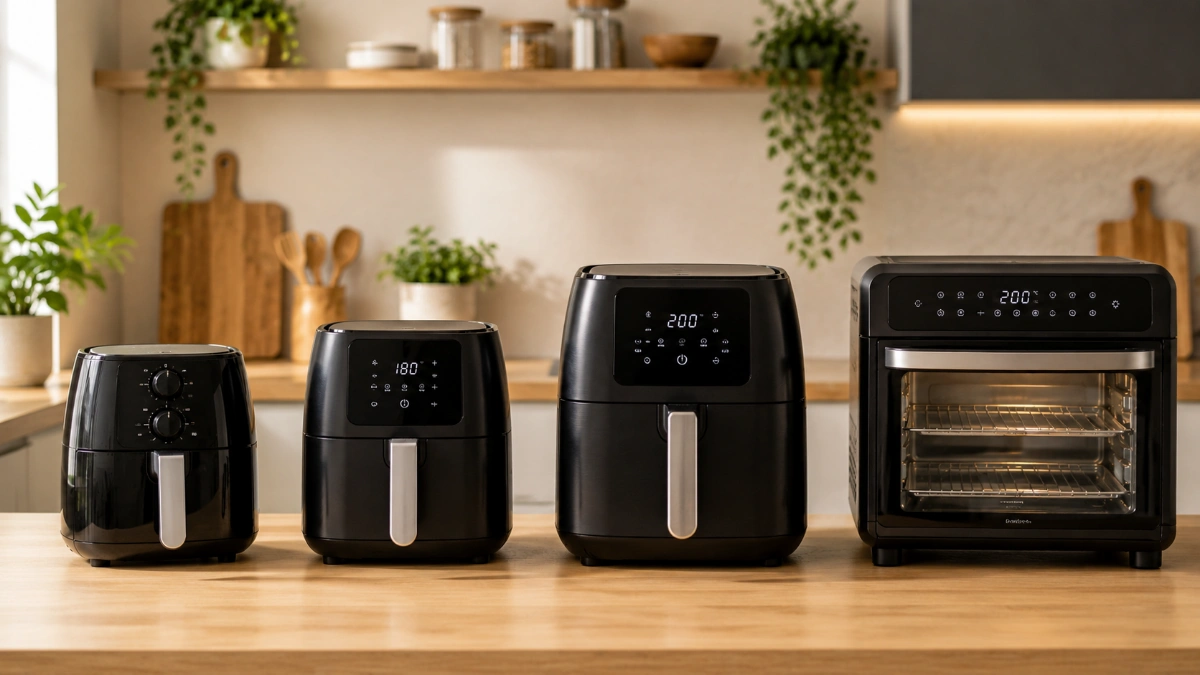 Comparação de tamanho de diferentes modelos de air fryers para escolher o ideal