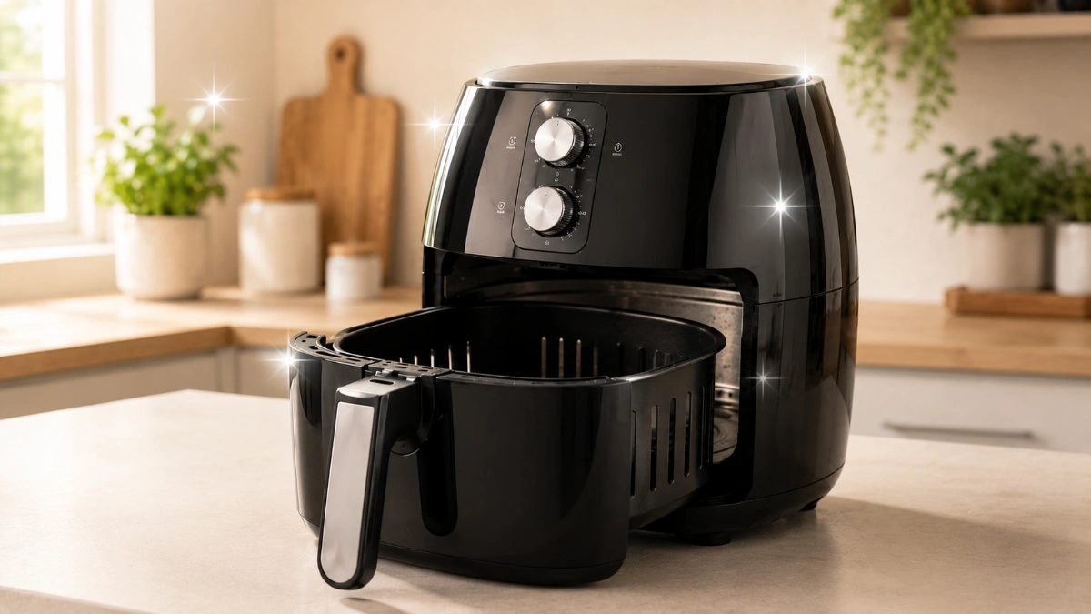Air fryer aberta sendo limpa com pano e esponja macia na cozinha