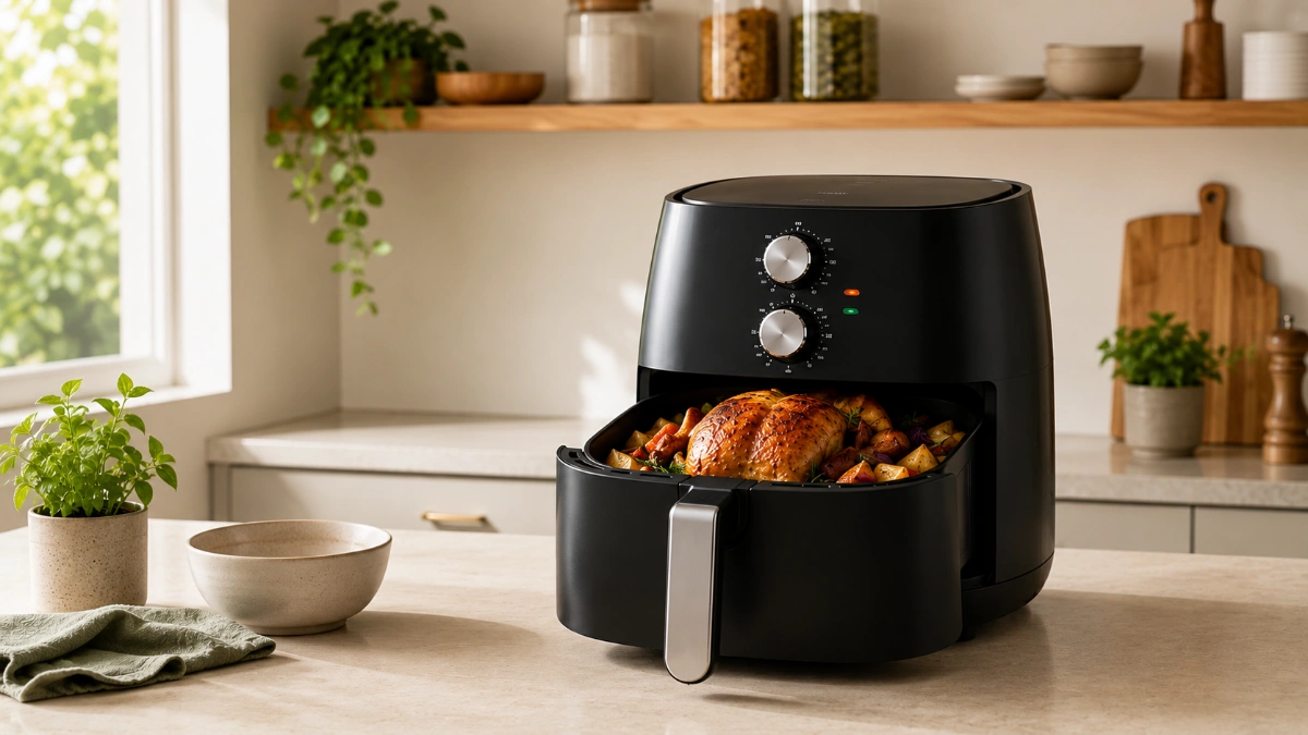 As melhores air fryers de 8 litros comparadas sobre a bancada da cozinha