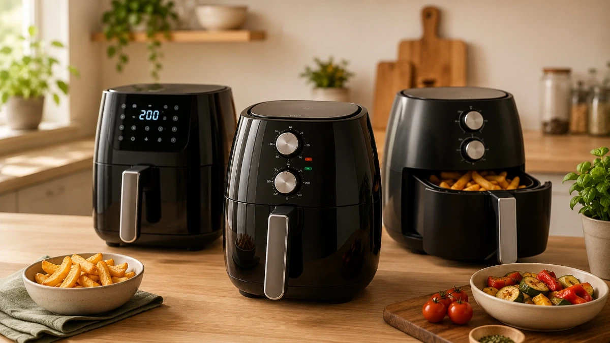 As melhores air fryers custo-benefício comparadas sobre a bancada da cozinha